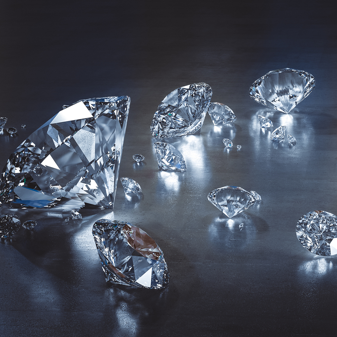 Sparkling diamonds scattered on reflective surface.
