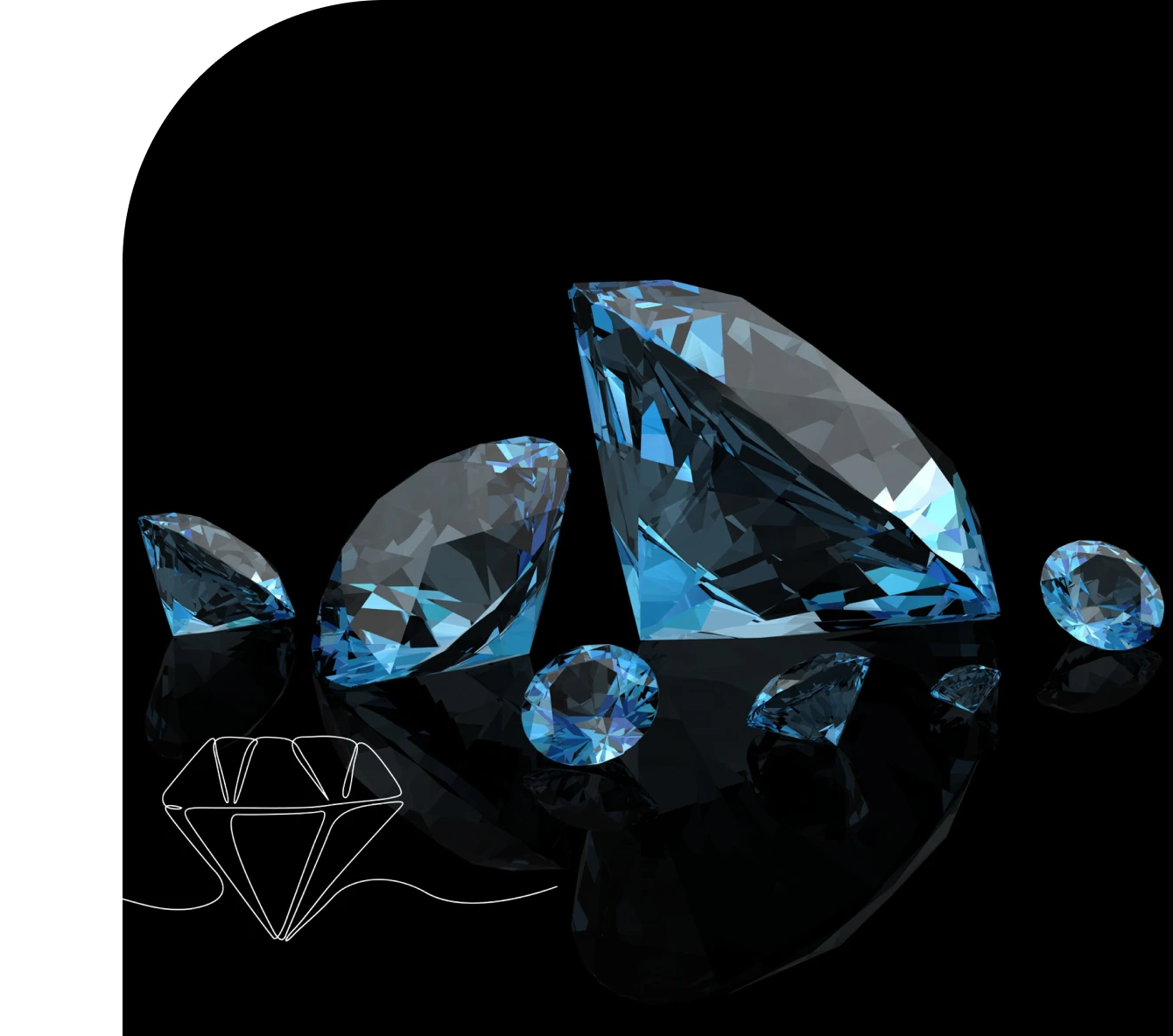 Close-up of sparkling blue gemstones on a reflective surface.